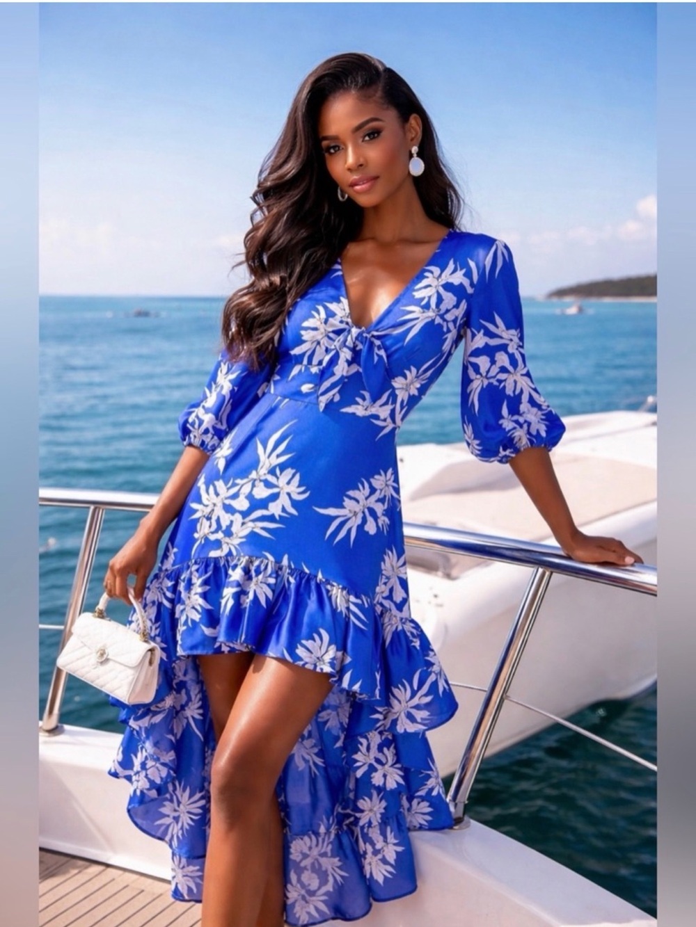 Alexis Cobalt Blue Floral High-Low V-Neck Dress